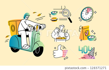 Food delivery service. Site icon. Scooter courier. Online order search. Fast cooking and express shipping. Kitchen chef. Approved meal. Clock timer. UI food design. Web error. Vector promo signs set 128371271