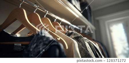 First-Person View of Choosing Clothes in a Well-Lit Closet with Various Outfits 128371272
