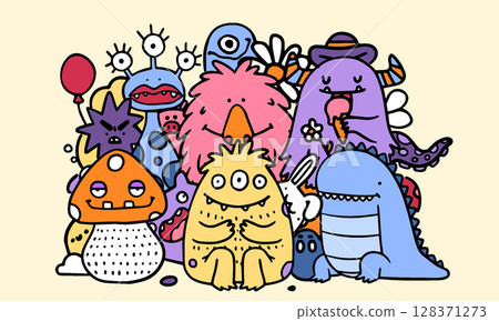 Monster doodle. Cartoon funny colorful party decorative prints. Child creature illustration. Baby Alien elements, beast with mouth. Style animal on holiday. Poster and print design. Vector background 128371273