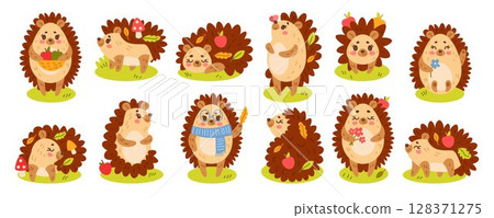 Autumn hedgehog. Cute character. Happy cartoon animal with apples. Childish funny doodle drawing, adorable pet in forest in different poses. Autumnal woodland set. Stickers vector tidy illustration 128371275
