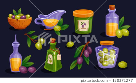 Olive oil. Cooking Greek salad with green berry. Branch with leaves, olive bottle. Butter, fat liquid from Greece. Mediterranean food condiment, vegetarian icon for food game. Vector tidy cartoon set Olive oil. Cooking Greek salad with green berry. Branch with leaves, olive bottle. Butter, fat liquid from Greece. Mediterranean food condiment, vegetarian icon for food game. Vector tidy cartoon set 128371277