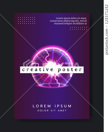 3D sphere shield. Creative poster. Glowing protective barrier. Geometric round shape. Abstract circle bubble. Neon energy flash dome. Electric light spackles. Vector invitation banner design template 128371282