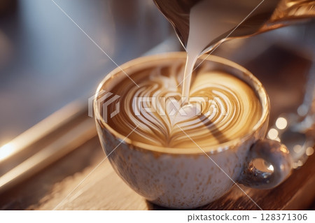 First-Person View of Pouring Steamed Milk for Perfect Latte Art Heart 128371306