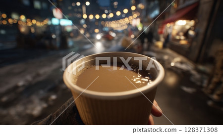 First-Person View of Grabbing Coffee To-Go on Cozy City Night 128371308