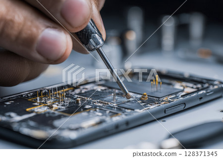 First-Person View of Using Precision Screwdriver on Smartphone Circuit Board 128371345