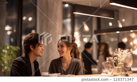 Japanese couple chatting at a cafe at night | Urban and sophisticated lifestyle photos 128371347