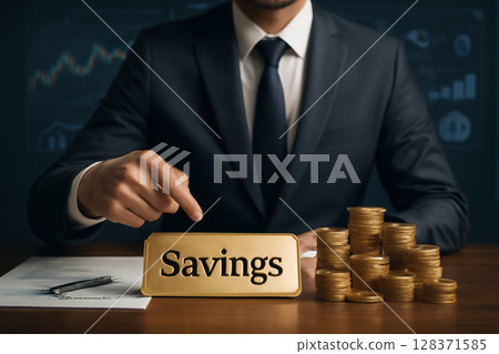 AI generated image of a businessperson in a suit pointing to a Savings sign on their desk surrounded by coins and documents with financial charts in the background. AI generated image of a businessperson in a suit pointing to a Savings sign on their desk surrounded by coins and documents with financial charts in the background. 128371585