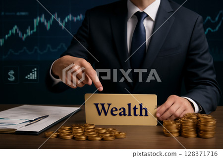 AI generated image of a businessman in a suit pointing at a Wealth nameplate with a stack of coins on his desk. Financial charts and symbols create a professional atmosphere. AI generated image of a businessman in a suit pointing at a Wealth nameplate with a stack of coins on his desk. Financial charts and symbols create a professional atmosphere. 128371716