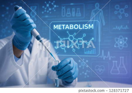 AI generated scientist hand with pipette in futuristic lab focusing on metabolism hologram surrounded by digital biotech and clean high tech atmosphere 128371727