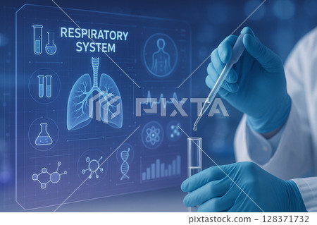 AI generated scientist hand dripping liquid in test tube with respiratory system hologram futuristic biotechnology concept in clean sterile blue tone 128371732