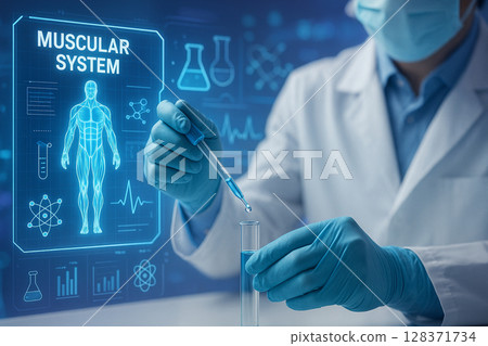 AI generated scientist in gloves drops liquid into test tube with muscular system hologram and digital biotech elements in clean futuristic lab scene AI generated scientist in gloves drops liquid into test tube with muscular system hologram and digital biotech elements in clean futuristic lab scene 128371734