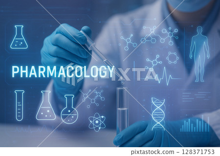 AI generated scientist hand dropping liquid in test tube with holographic pharmacology icons in clean blue purple futuristic lab scene 128371753