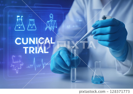 AI generated futuristic scene showing a scientist in blue gloves conducting a precise clinical trial. Holographic medical data molecular structures represent cutting-edge biotechnological research. 128371773