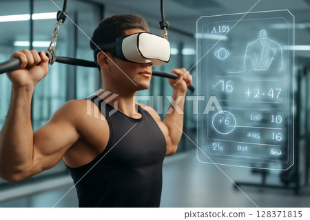 AI generated man wearing VR headset exercising lats in futuristic gym with digital performance data in clean bright space 128371815
