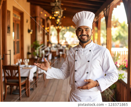 AI generated image of a professional chef in traditional white uniform gesturing to welcome diners into an elegant western restaurant. AI generated image of a professional chef in traditional white uniform gesturing to welcome diners into an elegant western restaurant. 128371865
