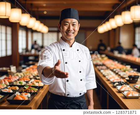 AI generated image of a professional Japanese chef in traditional uniform gesturing to invite diners into an authentic sushi restaurant. AI generated image of a professional Japanese chef in traditional uniform gesturing to invite diners into an authentic sushi restaurant. 128371871