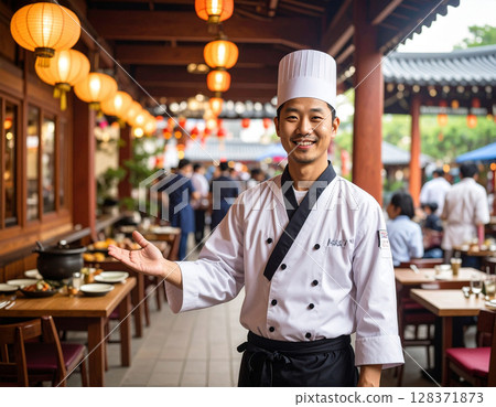 AI generated image of a Korean chef in traditional uniform gesturing to welcome diners into a vibrant Korean BBQ restaurant. 128371873