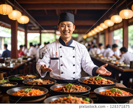 AI generated image of a Korean chef in traditional uniform gesturing to welcome diners into a vibrant Korean BBQ restaurant. 128371875