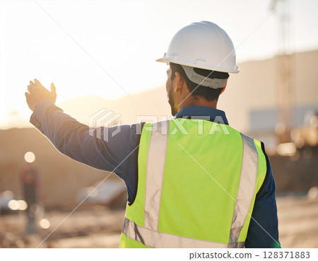 AI generated image of a construction engineer in safety vest and hard hat gesturing to welcome visitors into an active building construction site AI generated image of a construction engineer in safety vest and hard hat gesturing to welcome visitors into an active building construction site 128371883
