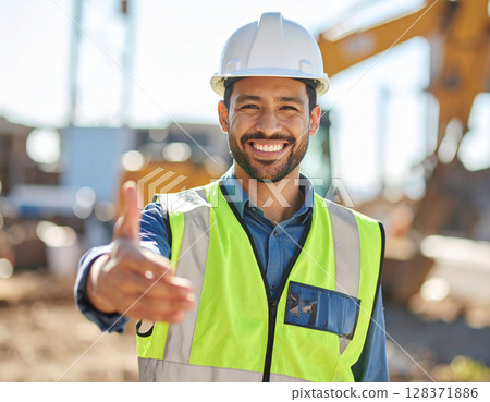 AI generated image of a construction worker in safety gear gesturing to invite people into an active construction site with visible steel structures, heavy machinery and ongoing building work. 128371886