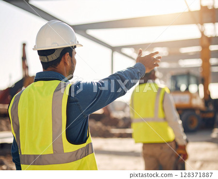 AI generated image of a construction worker in safety gear gesturing to invite people into an active construction site with visible steel structures, heavy machinery and ongoing building work. 128371887