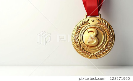 Golden third place medal with laurel wreath detail and ribbon. Generated AI 128371960