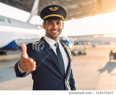 AI generated image of a professional airline captain in full uniform gesturing to welcome passengers at a busy airport terminal 128372047