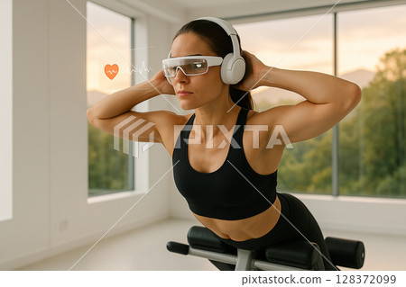 AI generated athletic woman training obliques wearing white AR glasses in a futuristic gym with nature view and warm light atmosphere AI generated athletic woman training obliques wearing white AR glasses in a futuristic gym with nature view and warm light atmosphere 128372099