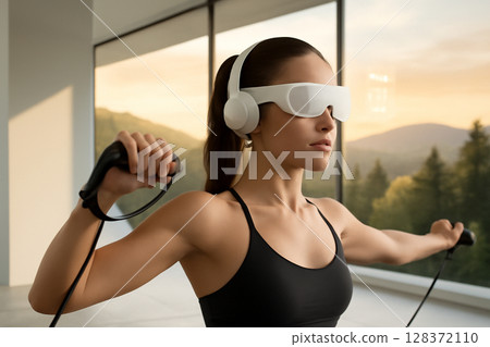 AI generated a modern gym scene where a fit woman uses a resistance band to exercise her shoulder muscles. Smart glasses and headphones enhance the futuristic workout in a minimalistic environment 128372110