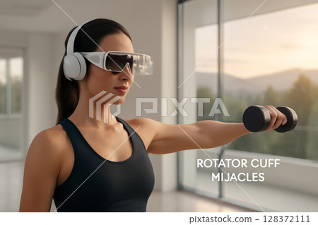 AI generated image of a woman doing rotator cuff exercise in a sleek gym with natural outdoor views. Wearing smart glasses and wireless headphones, she focuses on her workout with a futuristic touch. 128372111