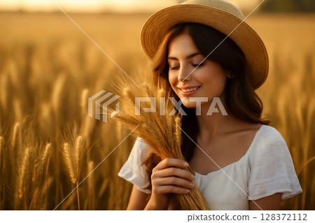 AI generated a serene image of a young woman in a golden wheat field during the golden hour. She smiles gently, holding a bundle of wheat with soft light casting a warm glow on the scene. AI generated a serene image of a young woman in a golden wheat field during the golden hour. She smiles gently, holding a bundle of wheat with soft light casting a warm glow on the scene. 128372112