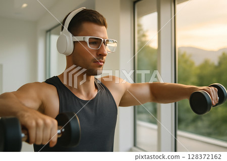 AI generated image of a muscular man performing lateral deltoid exercises in a modern gym with a nature view, featuring smart glasses and headset. 128372162