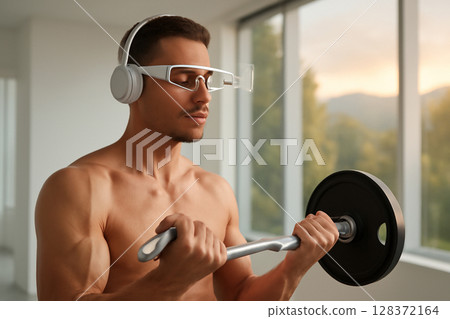 AI generated image of a fit man exercising with augmented reality glasses in a clean gym. The background features a peaceful nature scene with warm sunlight creating a motivating atmosphere. 128372164