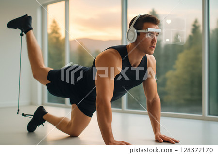 AI generated A fit man uses smart glasses and headset to track his gluteus medius workout in a futuristic gym with natural light and scenic views of nature AI generated A fit man uses smart glasses and headset to track his gluteus medius workout in a futuristic gym with natural light and scenic views of nature 128372170