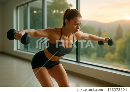 AI generated A fit woman performs a reverse fly exercise in a bright gym with a beautiful sunset view outside. Her focus and dedication highlight strength and serenity in a minimalist setting. AI generated A fit woman performs a reverse fly exercise in a bright gym with a beautiful sunset view outside. Her focus and dedication highlight strength and serenity in a minimalist setting. 128372204