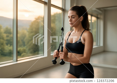 AI generated A fit woman performing a tricep exercise in a spacious gym with a scenic view of nature at sunset. Clean, bright atmosphere with soft sunlight enhancing the peaceful vibe. 128372206