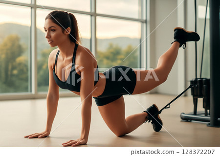 AI generated a young woman performing a glute kickback in a spacious gym. The warm sunset light filters through large windows, creating a peaceful atmosphere. Focus on strength and dedication. AI generated a young woman performing a glute kickback in a spacious gym. The warm sunset light filters through large windows, creating a peaceful atmosphere. Focus on strength and dedication. 128372207