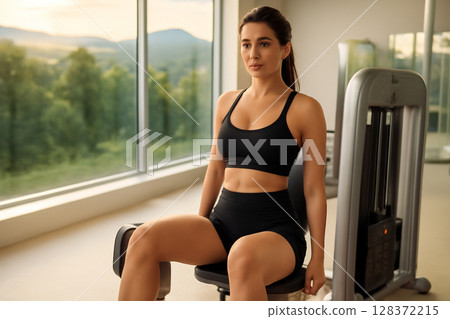 AI generated a fit young woman working out in a spacious gym with a beautiful nature backdrop. She focuses on her adductor exercise, surrounded by soft golden light and calming outdoor scenery. 128372215
