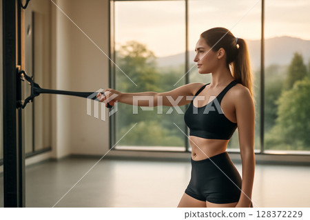 AI generated a young woman working out with a resistance band in a spacious gym, sunlight streaming through large windows, with a calming view of nature and mountains in the background. AI generated a young woman working out with a resistance band in a spacious gym, sunlight streaming through large windows, with a calming view of nature and mountains in the background. 128372229