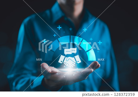 Trusted Partner and Business Collaboration Concept. Businessman holding handshake icon with trust level gauge, representing business partnership, reliability, professional transparency trustworthy, Trusted Partner and Business Collaboration Concept. Businessman holding handshake icon with trust level gauge, representing business partnership, reliability, professional transparency trustworthy, 128372359
