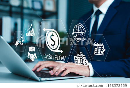 Cash flow management and financial analysis concept. Businessman working on laptop with icons representing cash flow, global finance, analytics, and planning, modern business and financial management. 128372369
