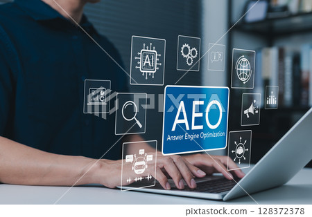 AEO, Answer Engine Optimization Strategy for Digital Marketing Success Concept. Man using laptop with AEO icons representing modern marketing, search optimization, and AI driven content strategies. 128372378