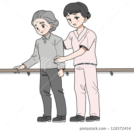 老年婦女利用扶手進行復健治療 老年婦女利用扶手進行復健治療 128372454