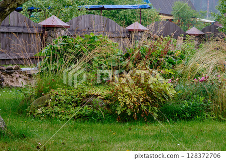 Vibrant green garden features various plants and structures in serene outdoor setting on a cloudy day 128372706