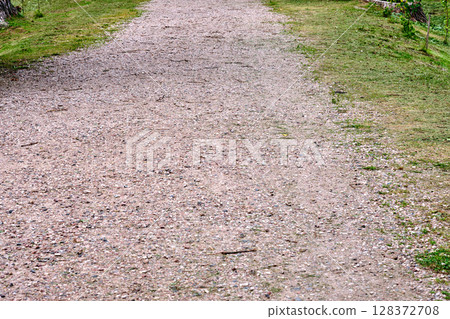 Gravel path lined with grass leading through a peaceful rural area on a cloudy day Gravel path lined with grass leading through a peaceful rural area on a cloudy day 128372708