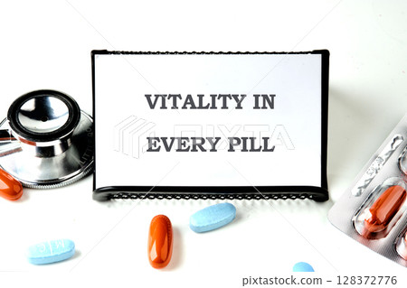 The concept phrase is VITALITY IN EVERY PILL. Balance, eat, vitality, exercise, sleep, rest and care concept 128372776