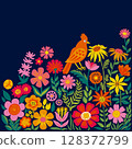 A bright and playful floral illustration is a red bird among bright flowers on dark blue background with a copy space. Ideal for baby products, greeting cards, wall art, fabric prints, spring designs. 128372799