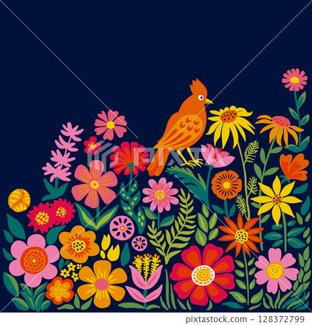 A bright and playful floral illustration is a red bird among bright flowers on dark blue background with a copy space. Ideal for baby products, greeting cards, wall art, fabric prints, spring designs. A bright and playful floral illustration is a red bird among bright flowers on dark blue background with a copy space. Ideal for baby products, greeting cards, wall art, fabric prints, spring designs. 128372799