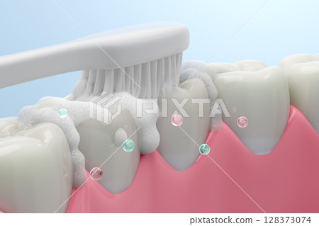 逼真的 3DCG 口腔護理，使用美白牙膏刷牙 128373074