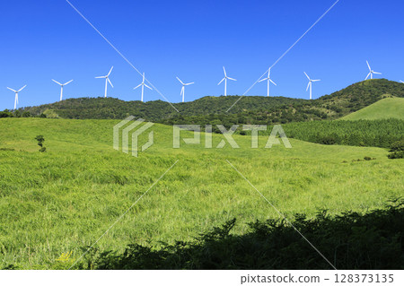 Photographing a landscape with wind turbines generating electricity against a clear blue sky Photographing a landscape with wind turbines generating electricity against a clear blue sky 128373135